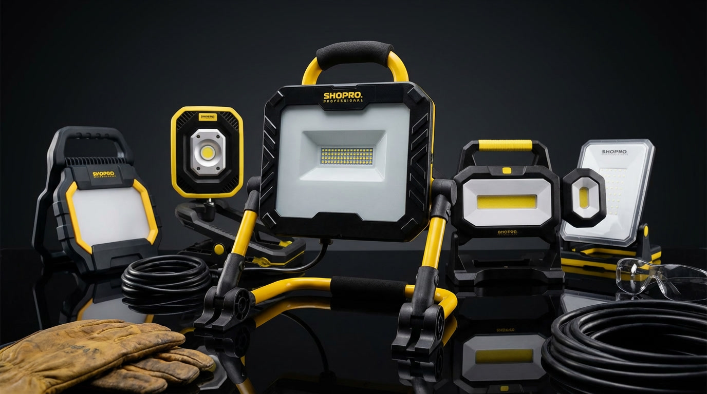 SHOPRO LED work light lineup featuring portable and cordless job site lighting options